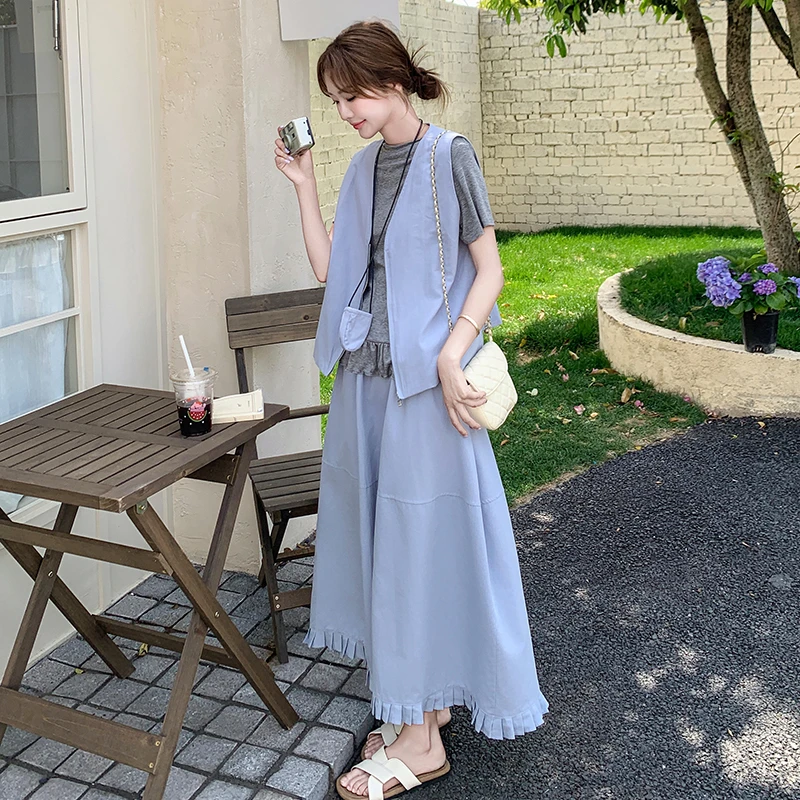 夏季减龄五一ootd穿搭高级感大方得体蓝色马甲半身裙三件套装休闲