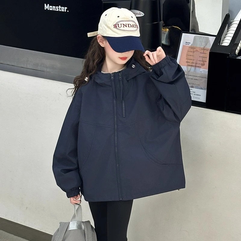 女童秋装外套2025新款儿童洋气冲锋衣大童女孩春秋款连帽夹克上衣