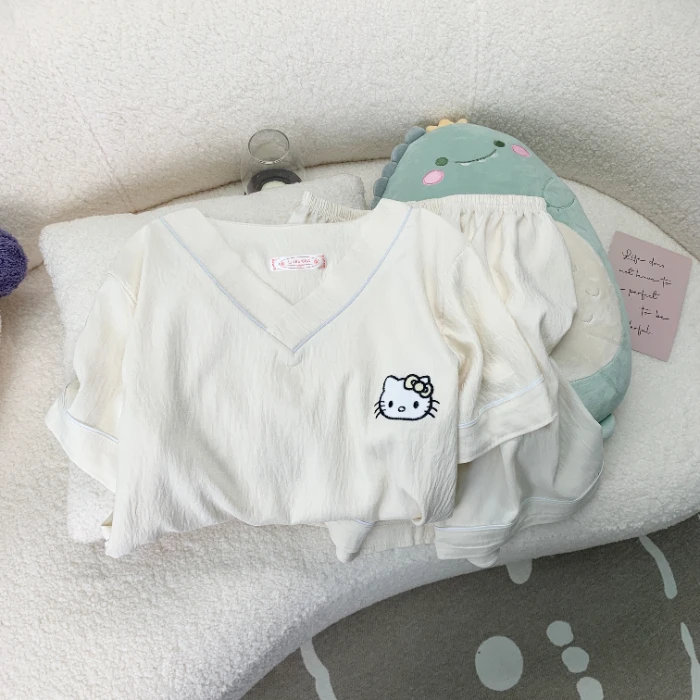 【白色凯蒂】夏季甜美睡衣云朵棉卡通印花家居服V领两件套装可外穿