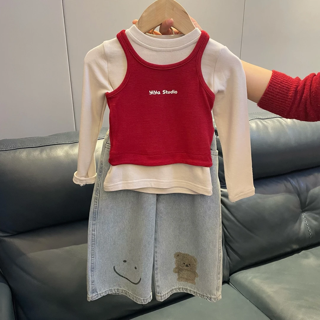 2025春女童韩版洋气时髦三件套吊带背心打底衫牛仔直筒裤阔腿裤潮