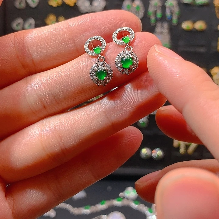 翡翠戒指银S925镶嵌耳钉