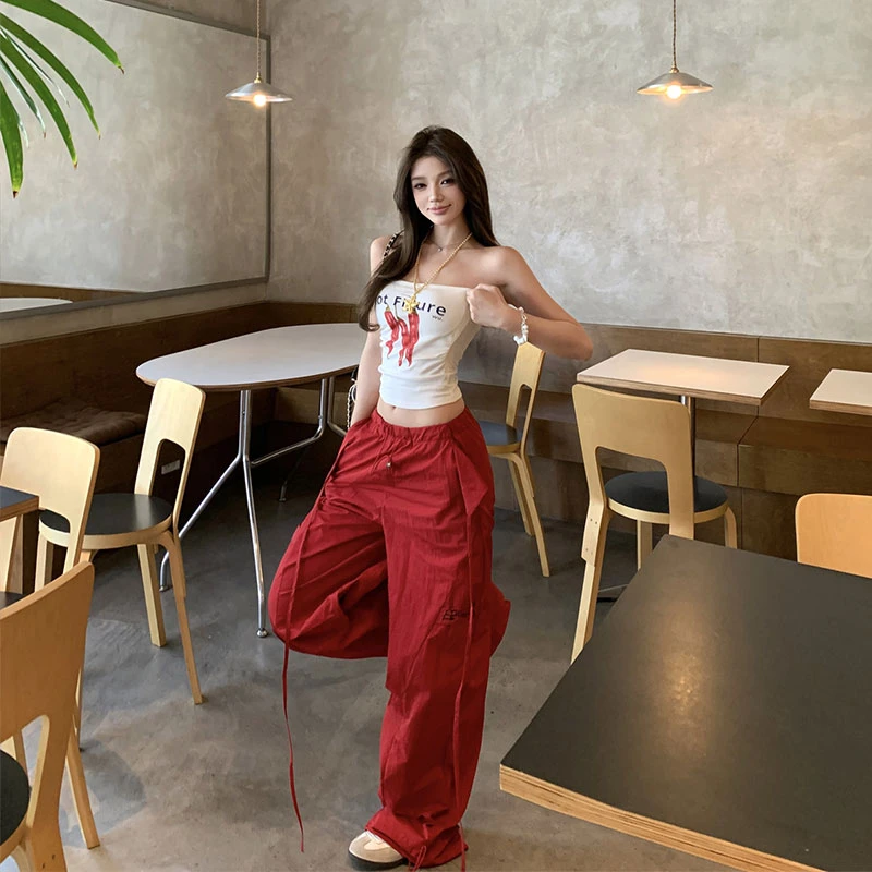 2025夏季新款甜辣字母辣椒图案抹胸上衣美式工装裤抽绳长裤两件套