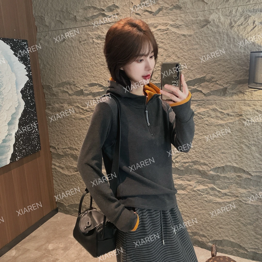 XIAREN【撞色帽德绒卫衣】打底衫女款爆款2025新款可外穿精致打底