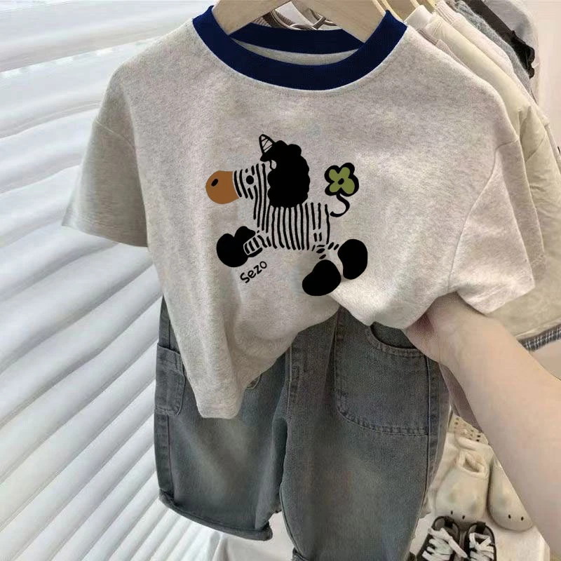 潮款100纯棉t恤新款夏季男女童卡通宝宝帅气儿童斑马外穿上衣打底