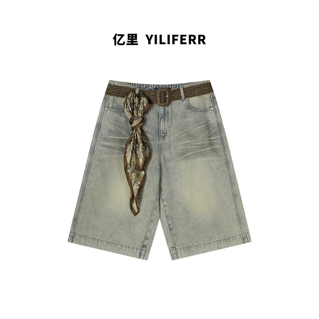 【YILI显瘦女装】美式复古做旧丝巾腰带潮流牛仔短裤 Y1082