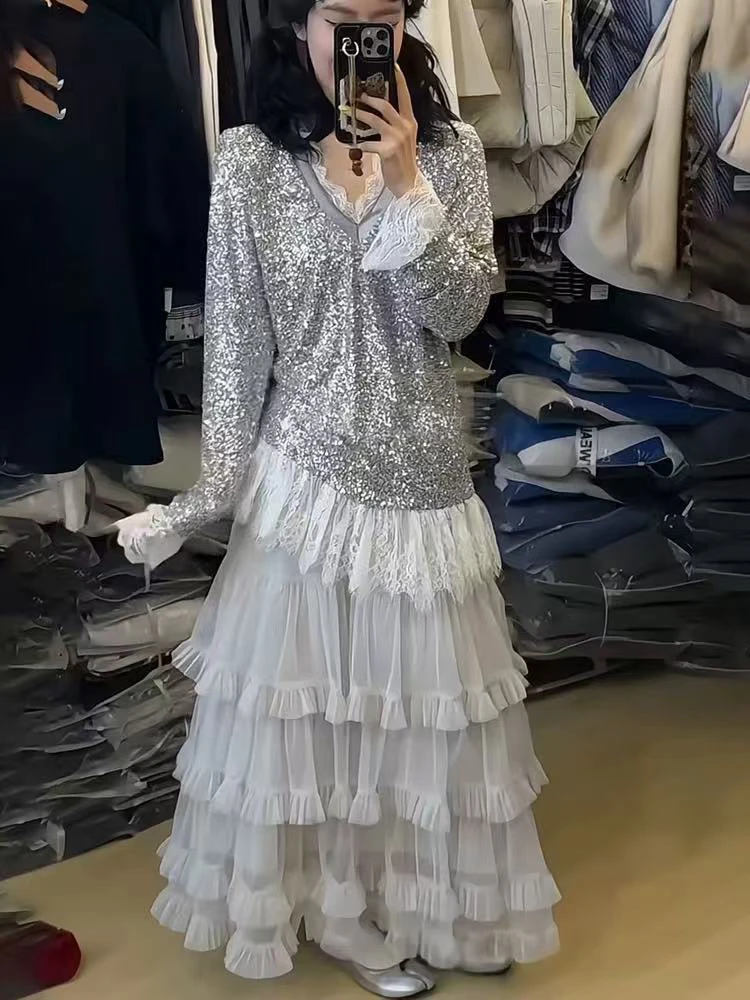 【崔】Z0178亮片少女风T恤拼接休闲蕾丝设计师网红秋季设计感