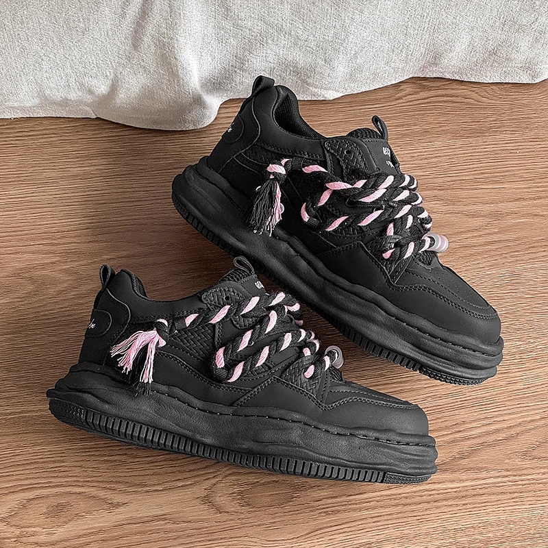 黑色秋季溶解鞋情侣厚底增高隐形7cm板鞋做旧男女百搭面包鞋潮鞋