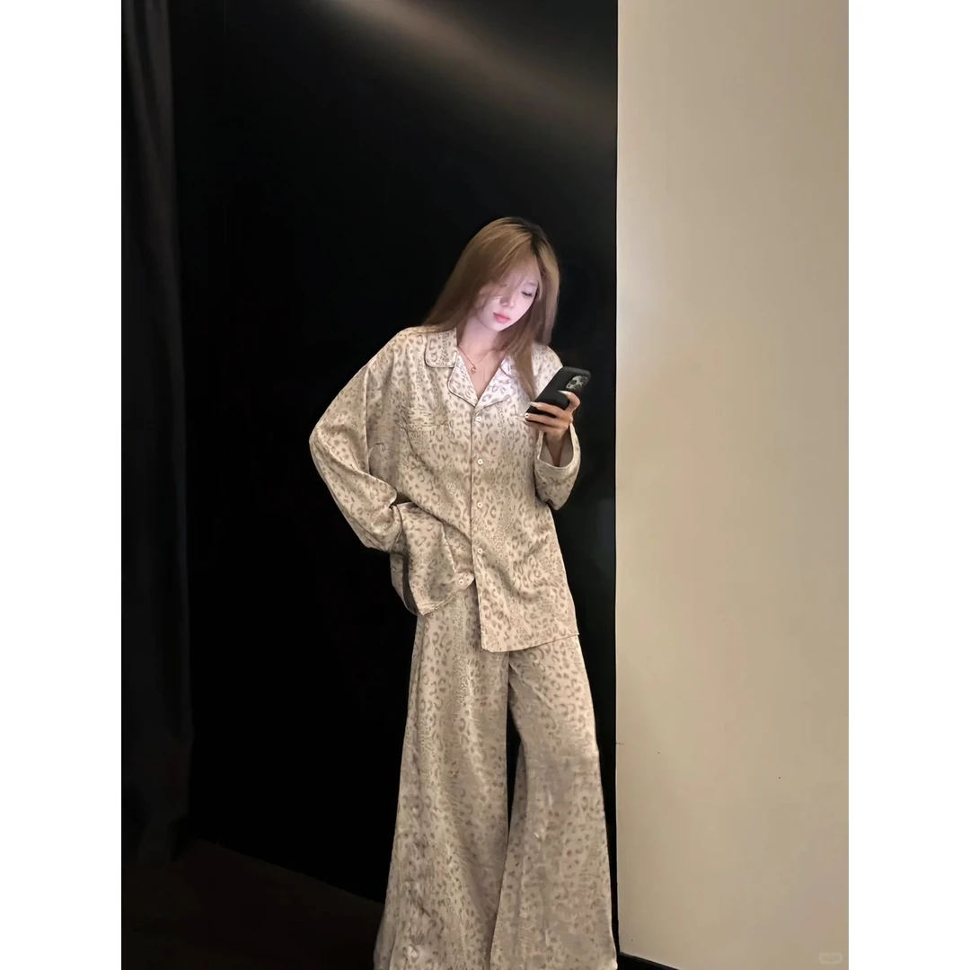 韩系豹纹印花宽松睡衣女早秋新款可外穿慵懒风长袖长裤家居服套装