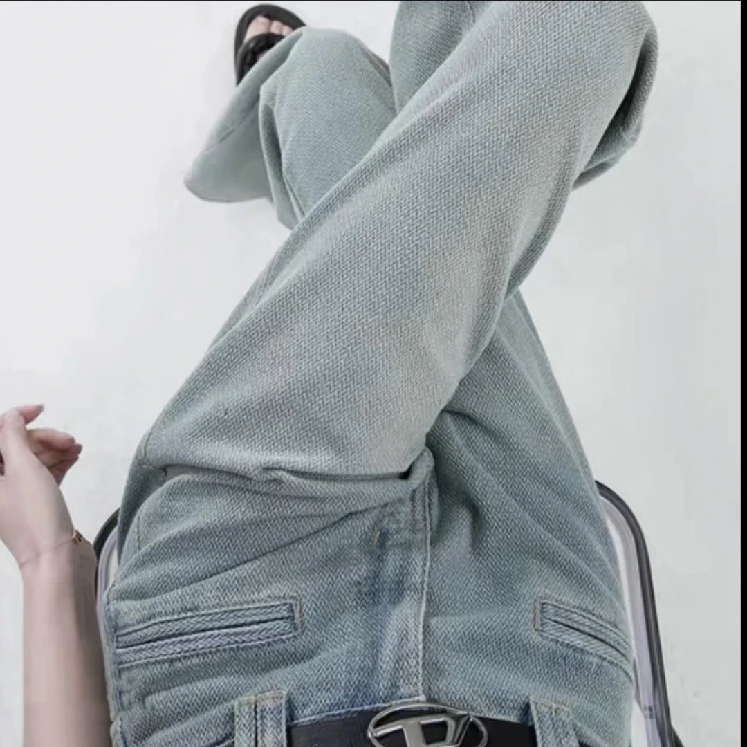 A26 浅蓝星空纹阔腿牛仔裤女设计感宽松显瘦小个子高腰直筒裤