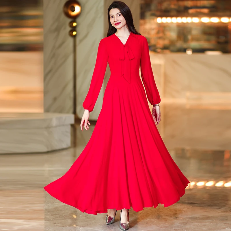 红色连衣裙女2025年春季新款高端气质大码显瘦长袖长款过膝大摆裙