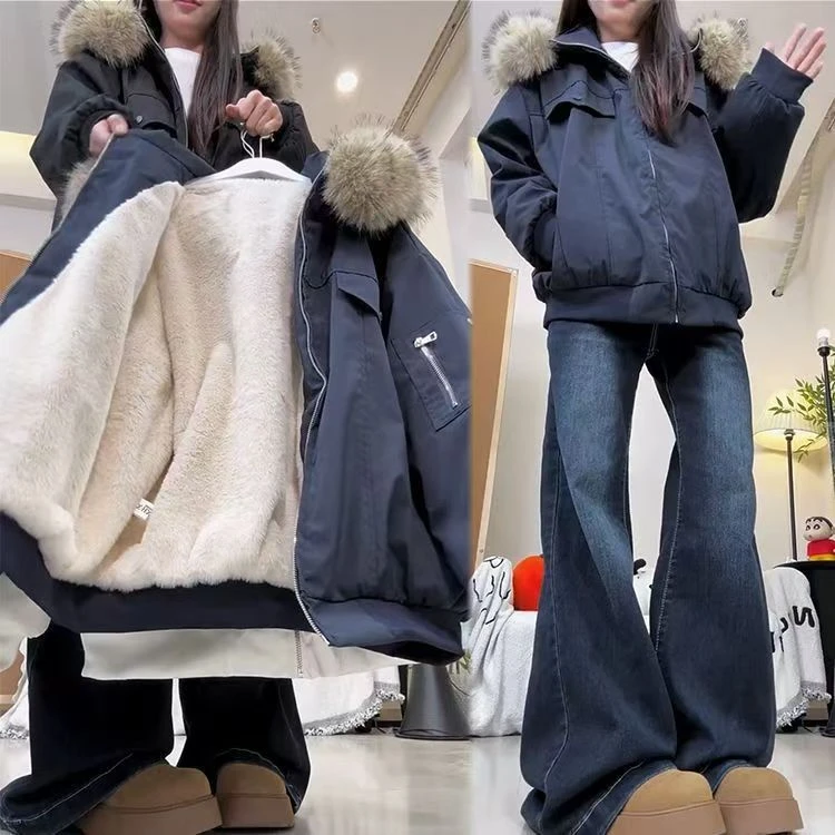 2025秋冬新款大毛领加绒加厚防寒保暖棉服外套女