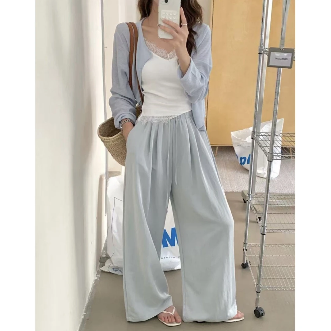 阔腿裤女春夏薄款冰丝褶皱防晒裤小个子高腰垂感休闲拖地裤子