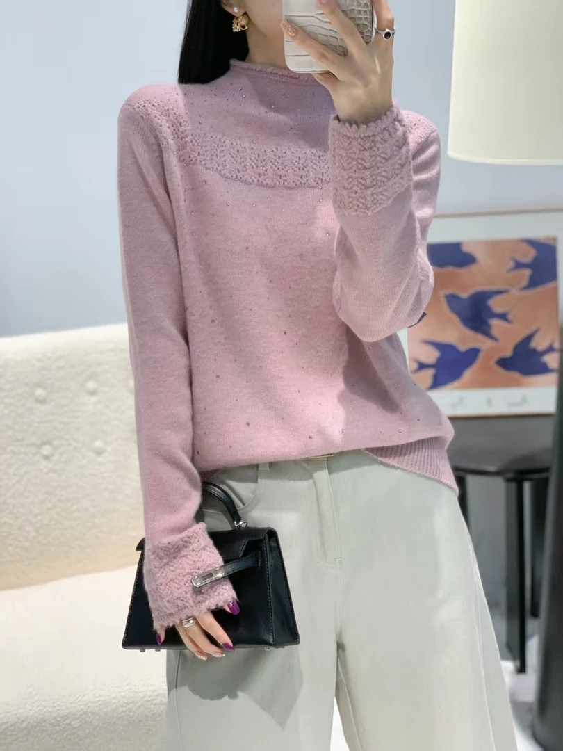 软糯闪亮 精纺羊毛镂空烫钻工艺半高领毛衣  精致温柔穿搭绝绝子