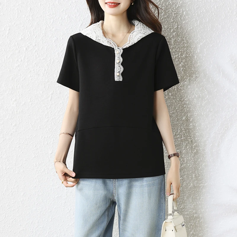 时尚蕾丝拼接连帽T恤女夏季大码女装2025年新款显瘦洋气休闲上衣