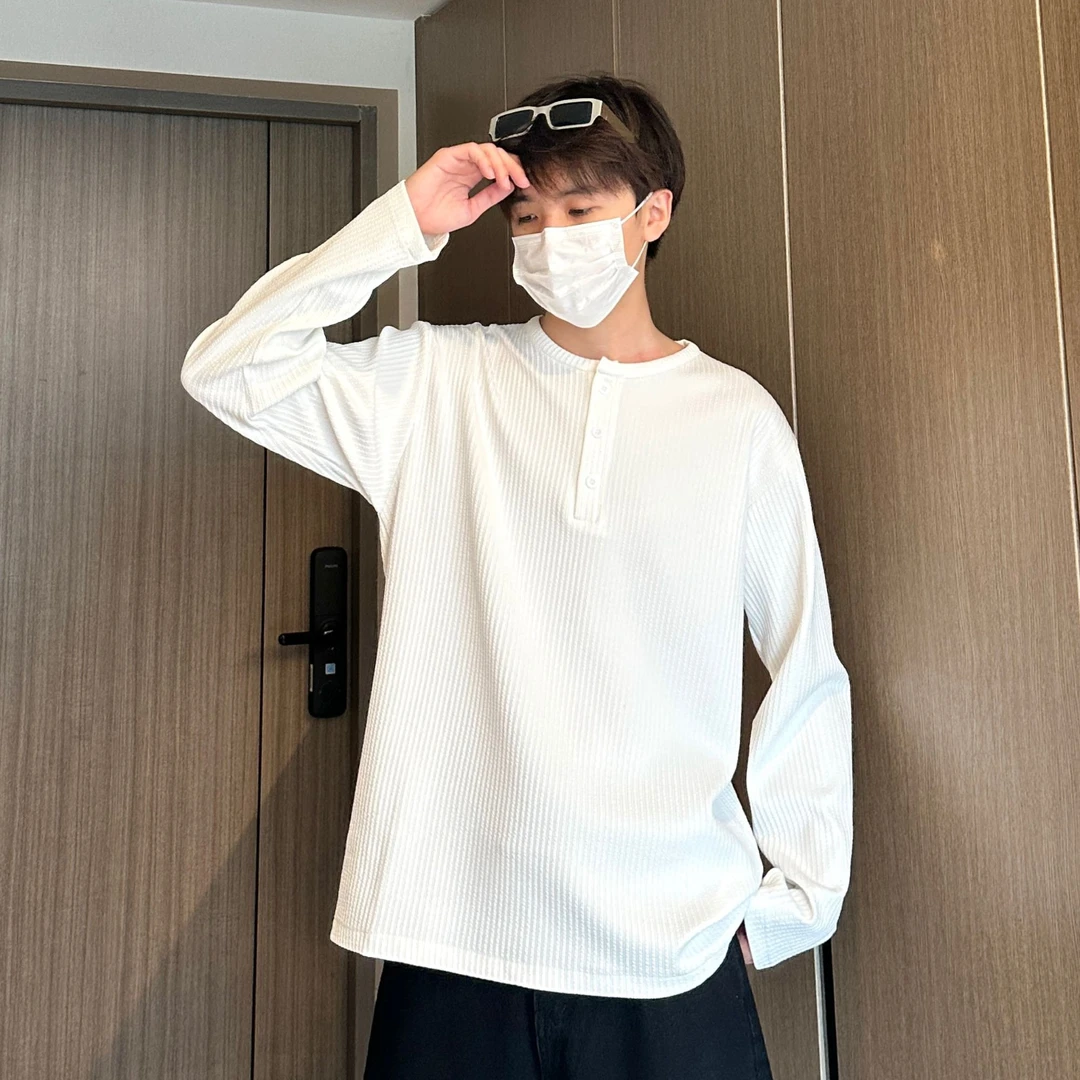 2025秋季百搭亨利领T恤男士简约休闲运动针织条纹Polo衫长袖上衣