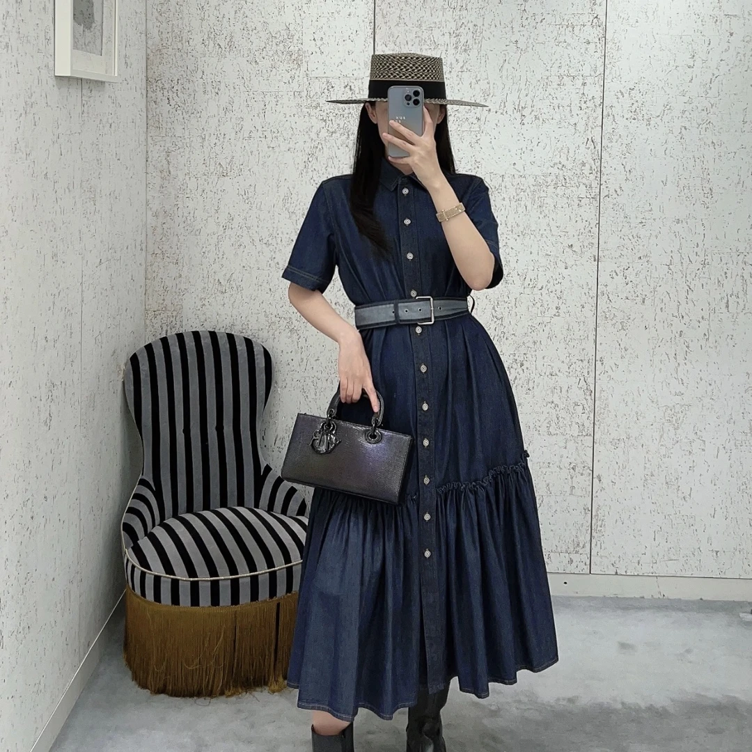 99新 DIOR/迪奥 2cc536/蓝色牛仔翻领短袖长款连衣裙 棉 34码