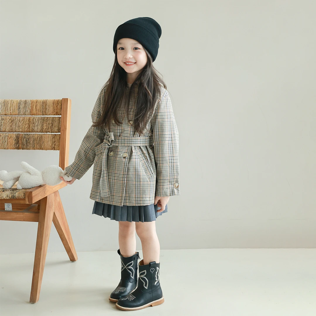 utouto大耳象女童连帽格纹翻领风衣外套2024秋季新款2307909