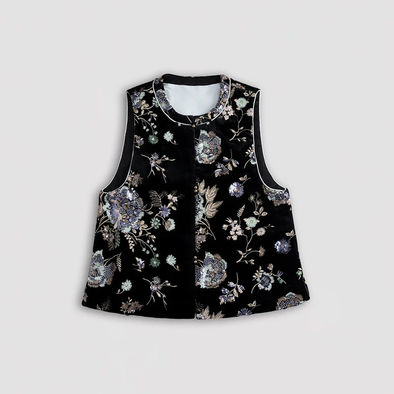 青娘子真丝绒重工珠片刺绣高级感时尚百搭气质驼绒棉马甲61034