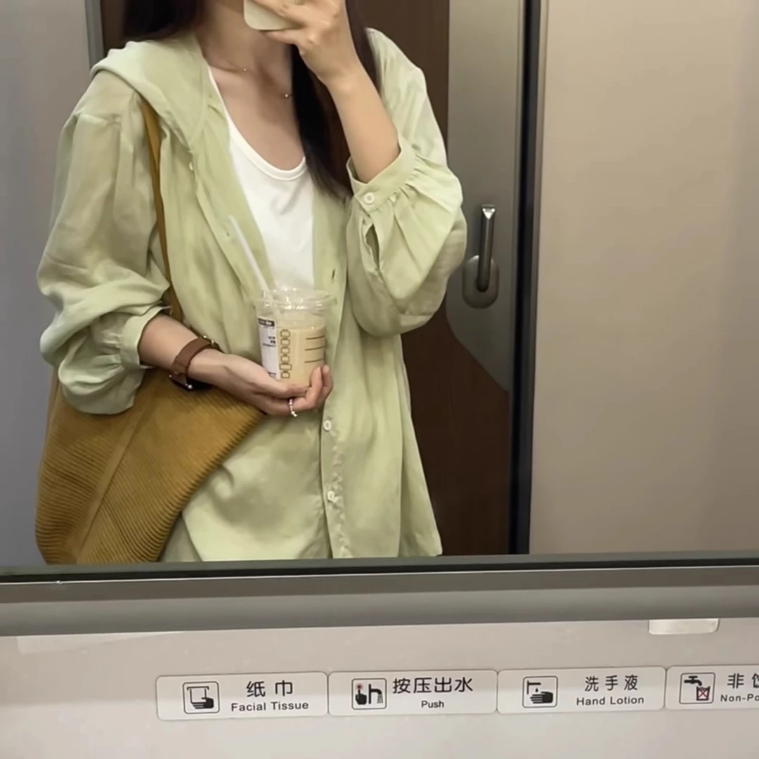 韩系通勤百搭绿色连帽防晒衫女夏季薄款气质宽松长袖衬衣外套ins