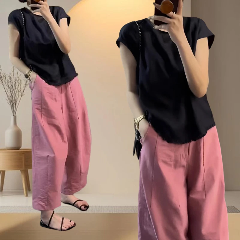 韩版两件套套装女减龄显瘦小个子整套穿搭时尚短袖粉色阔腿裤女装
