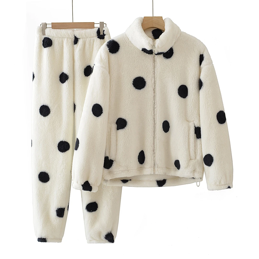 2025冬季新款加厚保暖两件套毛绒家居服女圆点睡衣立领可外穿套装