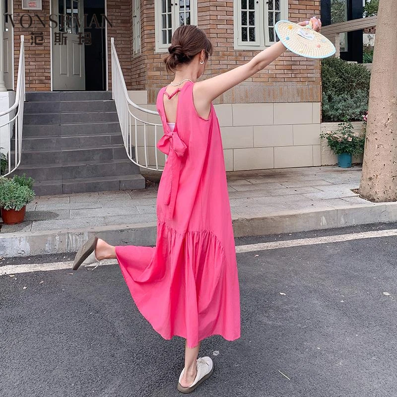 芭乐粉色露背气质长款连衣裙女2025夏季随时沙滩风漂亮及踝背心裙