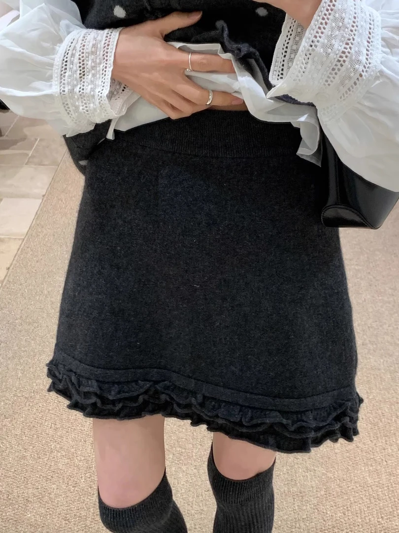 韩系深灰色双层花边半身裙女2025冬新chic轻奢高腰显瘦短裙