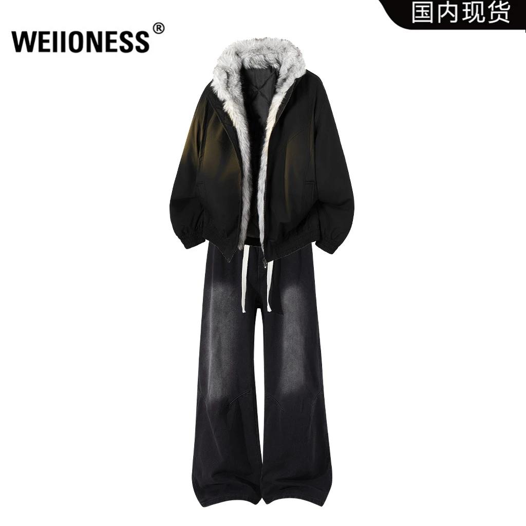 WEIIONESS美式街头时尚男装棉服2025冬季新款男士水洗牛仔裤套装