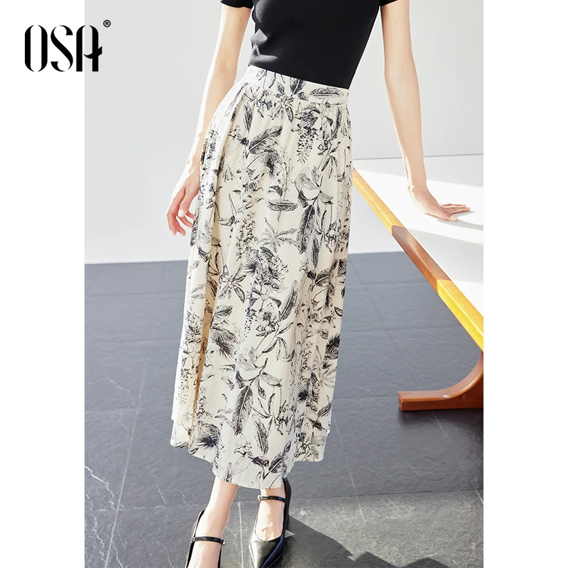 OSA复古新中式水墨印花半身裙女新款高腰显瘦A字裙S125B51004