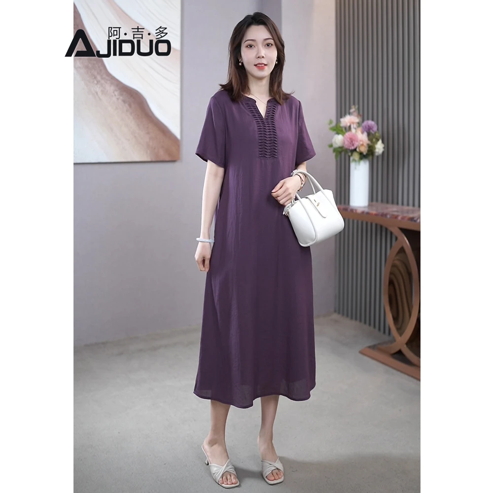 阿吉多A21552中腰文艺复古褶皱纯色夏季连衣裙过膝休闲女装裙子