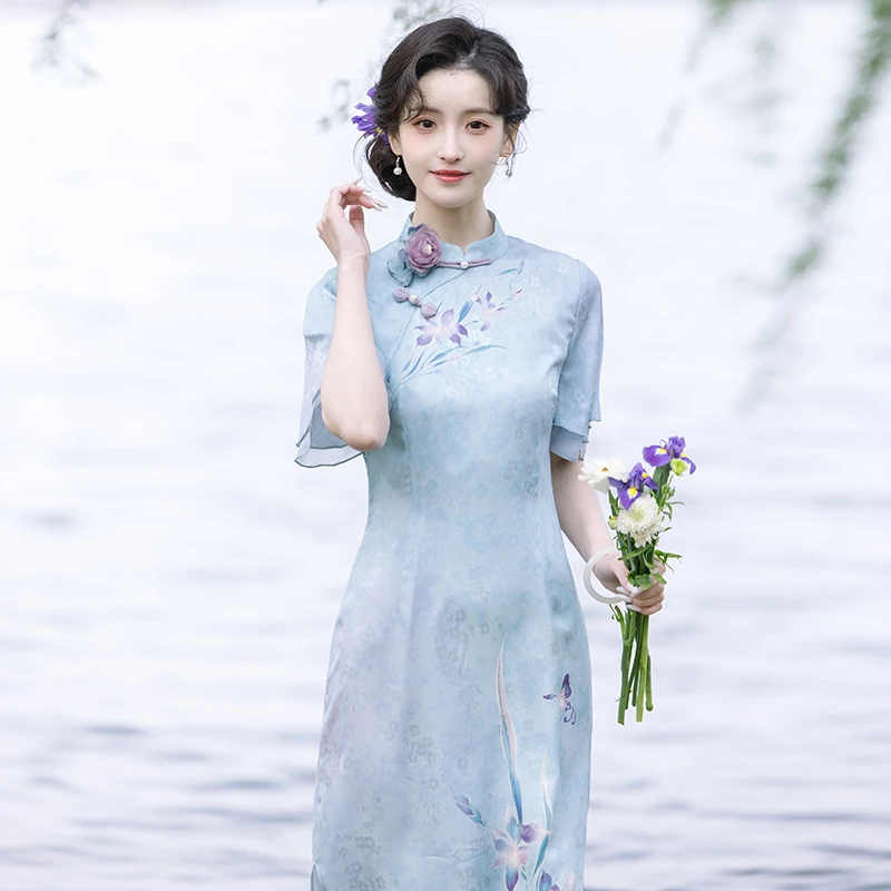 川黛时光：疏光写鸢 双层袖口纱质拼接民国风改良鸢尾印花旗袍