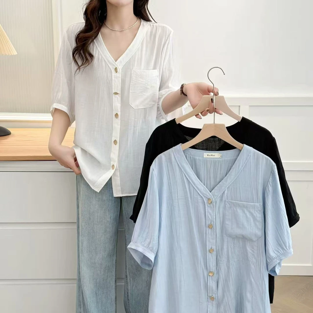 夏季韩版大码胖mm休闲显瘦遮肉时尚宽松透气褶皱中袖小衫R-2531