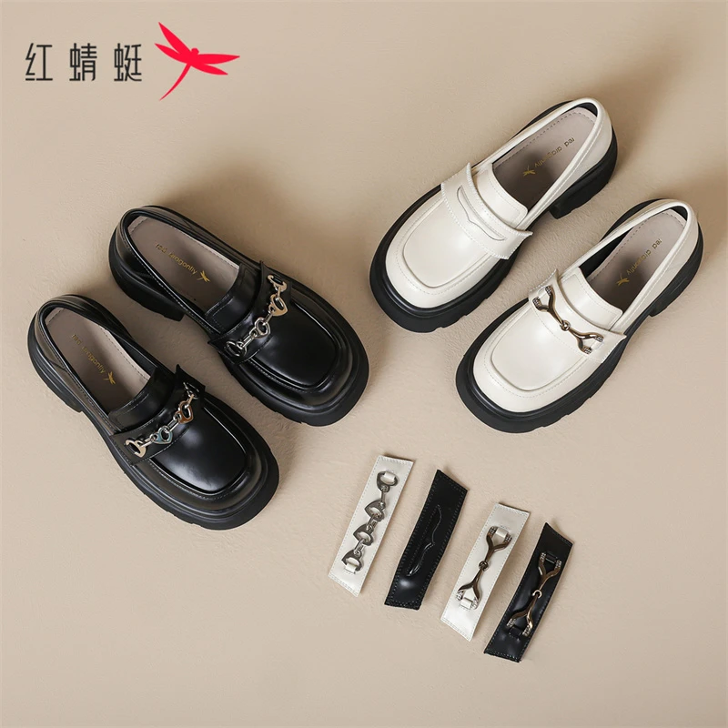 红蜻蜓女鞋厚底黑色乐福鞋女2025春秋新款粗跟增高小皮鞋女士单鞋