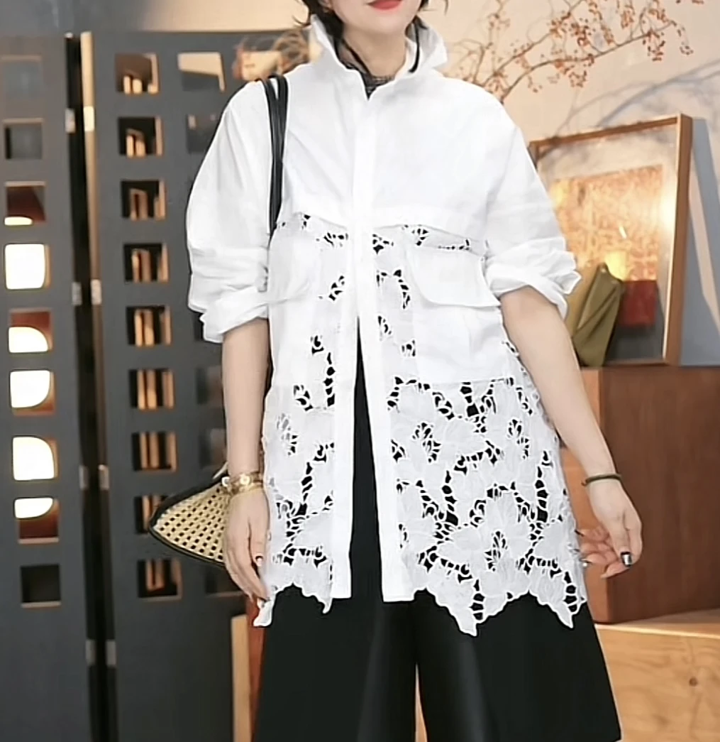 大米-蕾丝拼接宽松休闲衬衫白衬衣-279