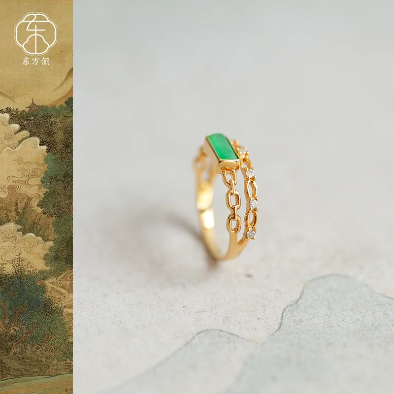 东方俪DOFUNLY【江南春】翡翠18K金连环戒指国风古法镶钻FCJZ空谷