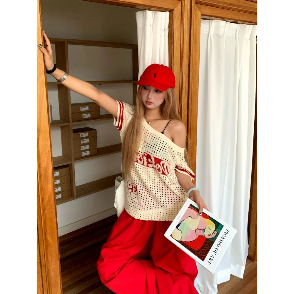 美式复古镂空斜肩短袖t恤女夏季薄款透气显瘦气质上衣