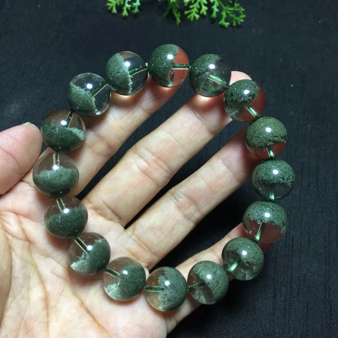 天然巴西绿幽灵聚宝盆手链珠子13.5毫米重57.8克半盆森林绿