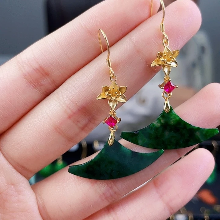 翡翠耳饰银S925镶嵌饰品