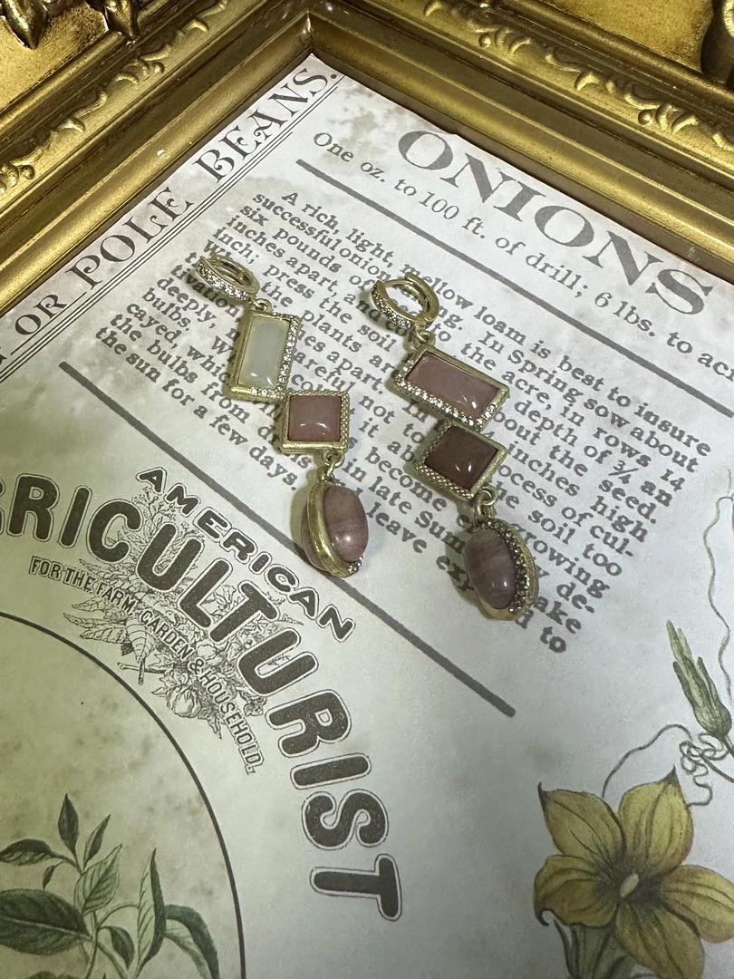 铜合金锆石耳饰 中古复古石头流苏拼接耳饰 1501LZ