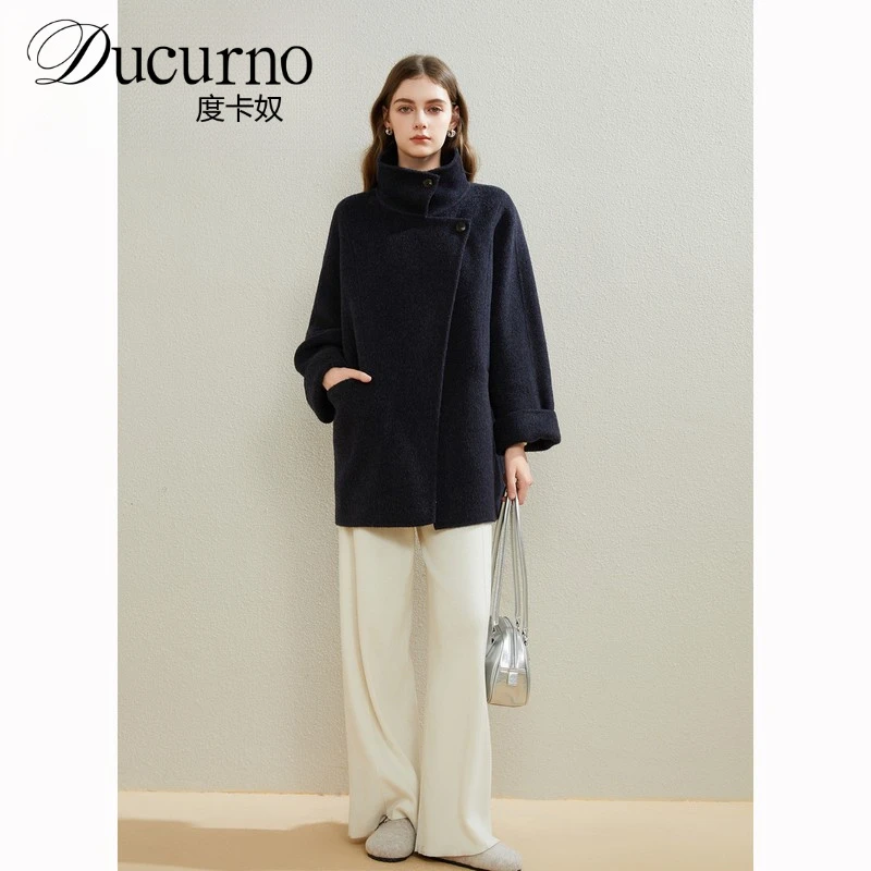 DUCURNO炭黑色高级感双面呢大衣女宽松茧型高级感韩版羊毛呢外套