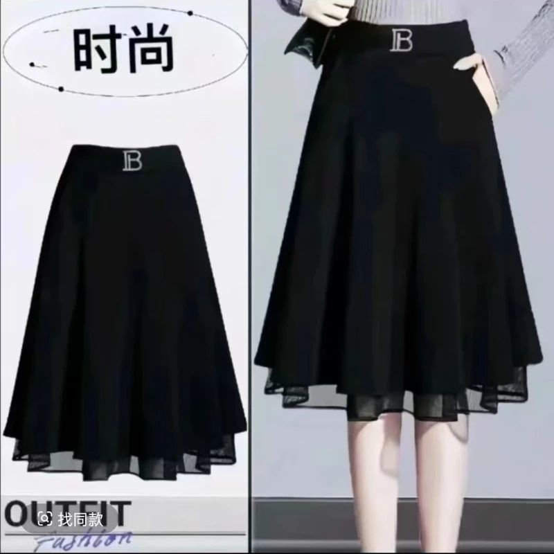 秋冬新款时尚百搭方扣蕾丝边半身裙气质显瘦中长款黑色大摆裙011