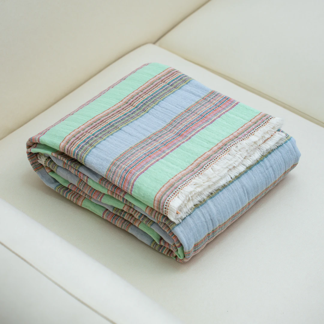 【京かわ会社】平布边汉麻流苏盖毯150*200cm 绿彩条