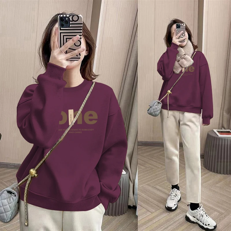 韩版时尚宽松圆领加绒卫衣女秋冬季胖mm大码套头外套休闲上衣百搭