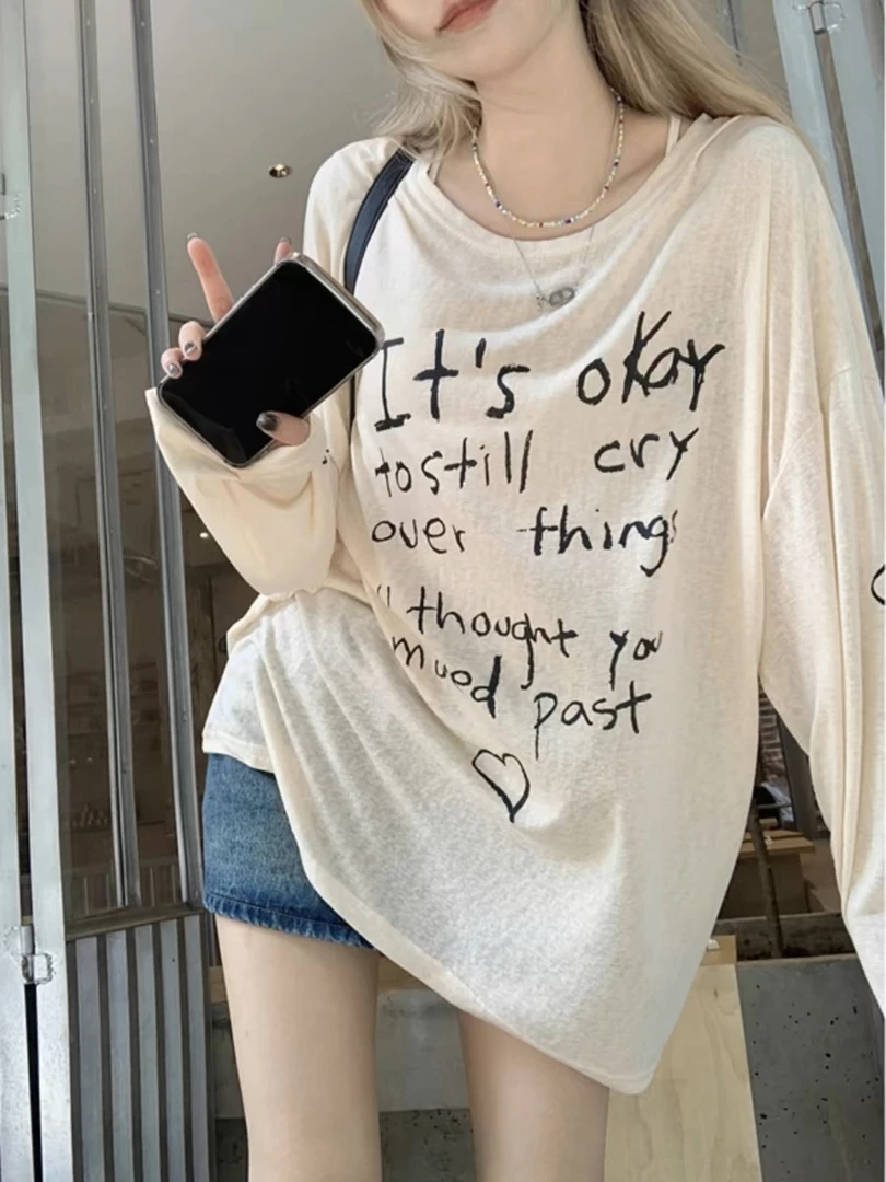 美式复古字母印花长袖T恤女春慵懒宽松薄款防晒衫空调罩衫上衣