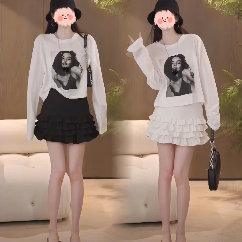 2025夏季新款欧美风圆领短款防晒衣长袖女装T恤上衣+时尚百搭短裙