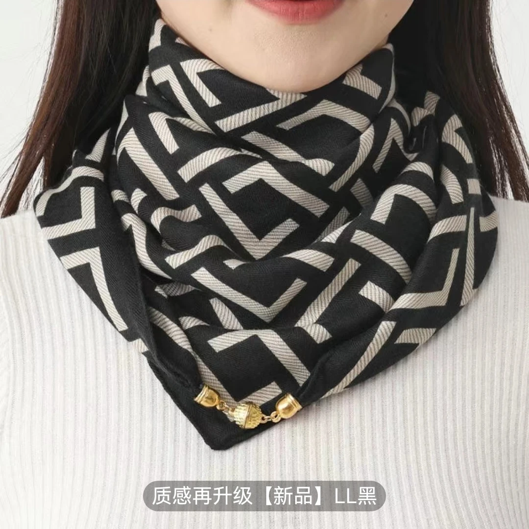 韩版时尚女士棉麻植绒围巾磁吸扣 印花保暖护颈丝绵方巾