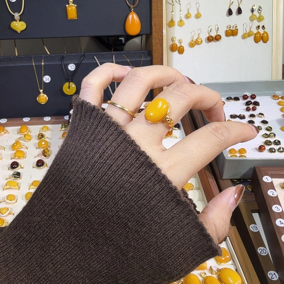 蜜蜡银S925镀金镶嵌戒指