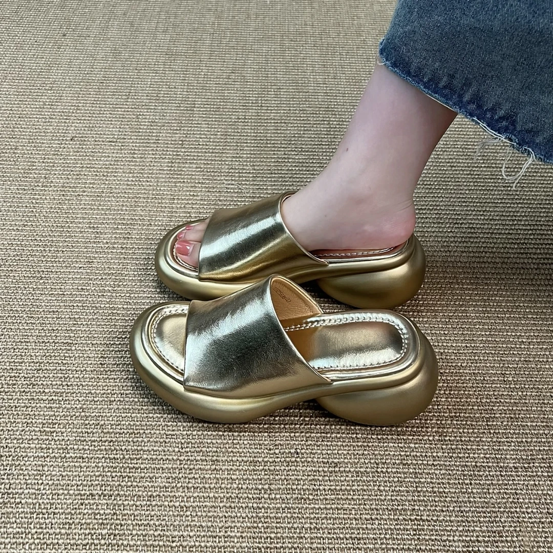 6CM粗跟通勤风凉拖鞋圆头国风松糕底一字拖日常百搭厚底时尚凉拖