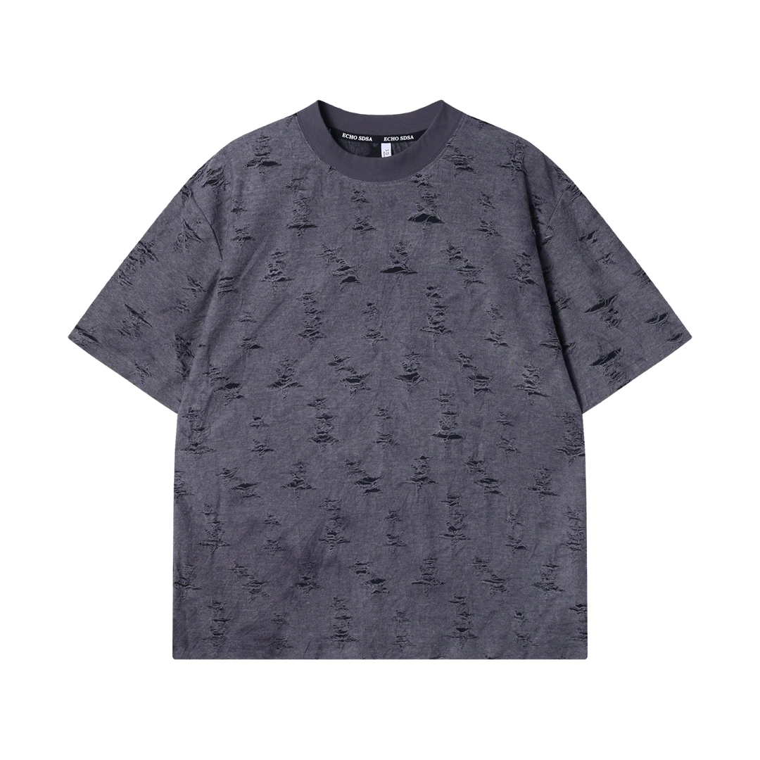 夏季高级感新款美式纯色星星磨破星星圆领短袖T恤痞帅嘻哈上衣