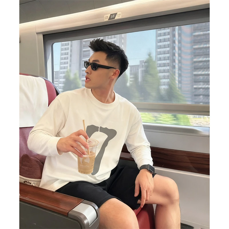 美式街头数字7长袖T恤男秋冬宽松重磅纯棉百搭打底衫oversize上衣